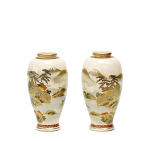 Pair Japanese Ozan Satsuma Hand Painted Porcelain Vases Lake Scenes Meiji Period