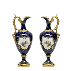 Pair Coalport England Hand Painted Porcelain Cobalt Blue Ewers circa 1880