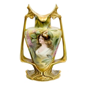 Royal Bonn German Hand Painted Twin Handled Porcelain Portrait Vase Art Nouveau
