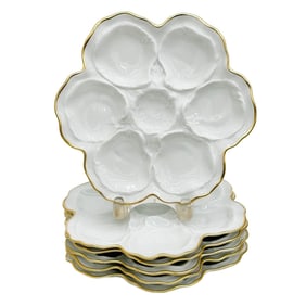 6 Limoges France Gilt Porcelain Oyster Plates White circa 1950