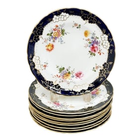 10 Royal Crown Derby Hand Painted Porcelain Dessert Plates circa 1940