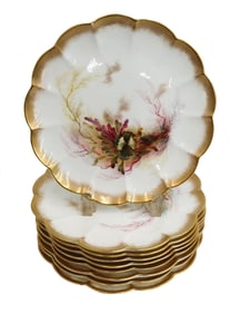 9 George Jones Crescent Hand Painted Coral Seaweed Scallop Dessert Plates c1900