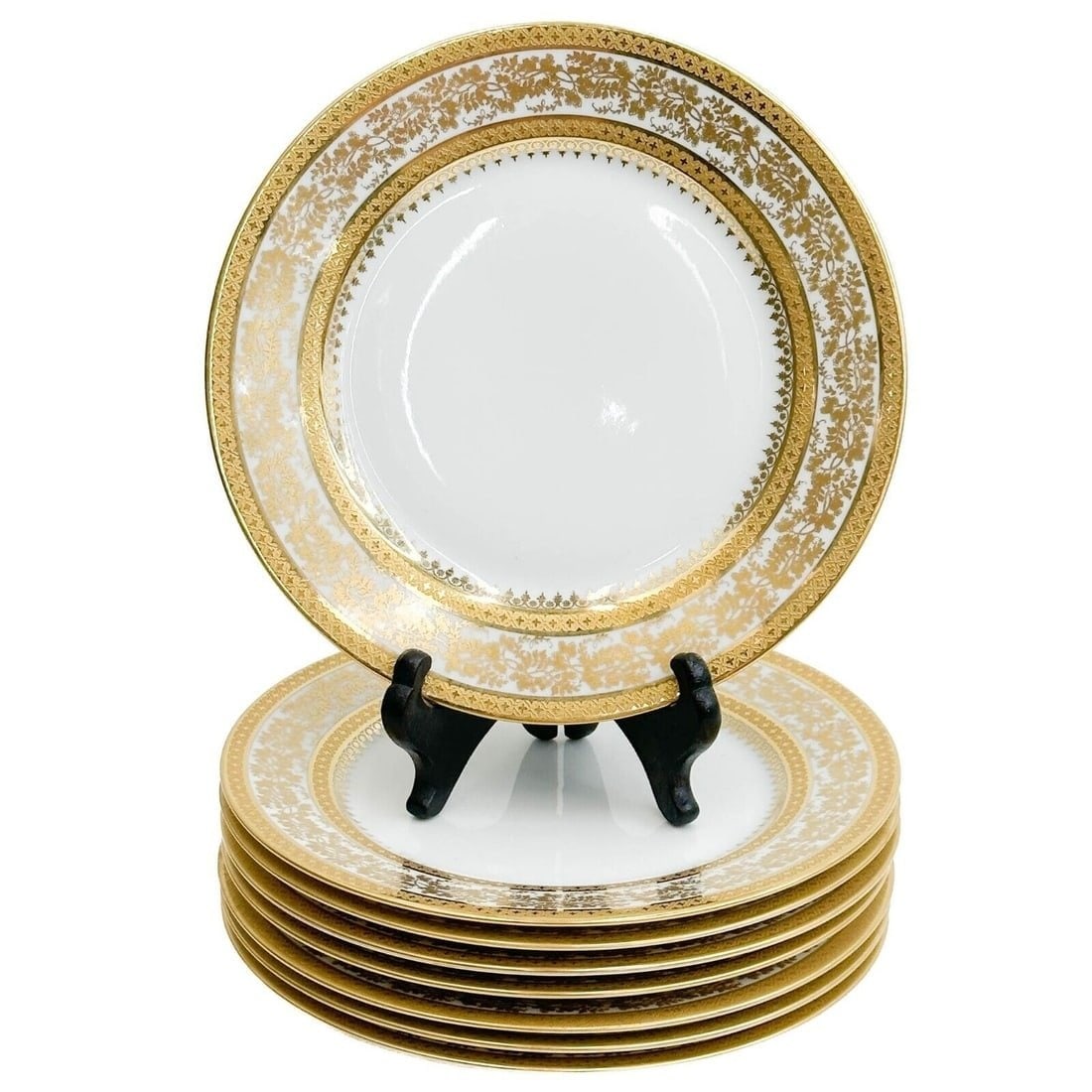 8 CH Field Haviland Limoges Porcelain Dessert Plates Incrustation Polie al'agate: 8 CH Field Haviland Limoges Gilt Porcelain dessert Plates, 2nd half 20th century. A white ground with ornate floral gilt decoration to the edges. Underside marked CH Field Haviland Limoges, also marke
