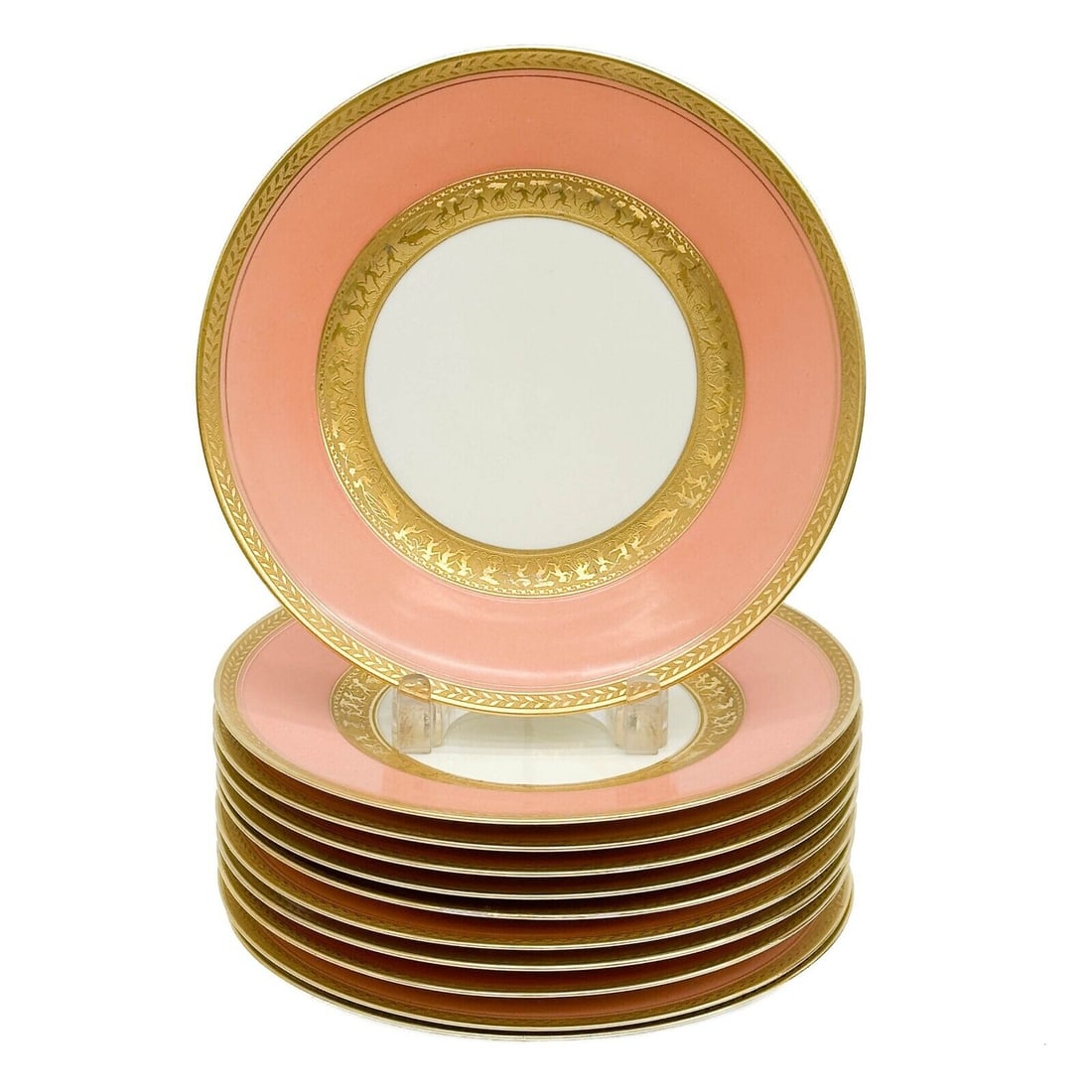 11 Holzner Glaspalast Karlsbad Czech Porcelain Dinner Plates Salmon Pink c 1940 (1 of 7)