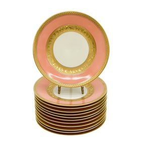 12 Holzner Glaspalast Karlsbad Czech Porcelain Dessert Plates Salmon Pink c 1940