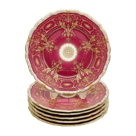 6 Black Knight Bavaria Gilt Porcelain 9.25 inch Plates Red circa 1940