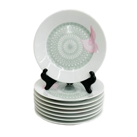 8 Hermes France Porcelain Bread Plates in Les Pivoines Pink Green