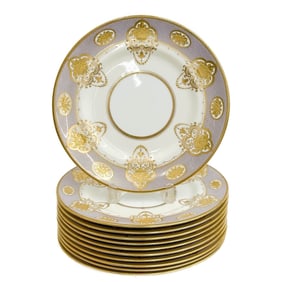 11 Royal Doulton England Gilt Porcelain Dinner Plates Lavender circa 1910