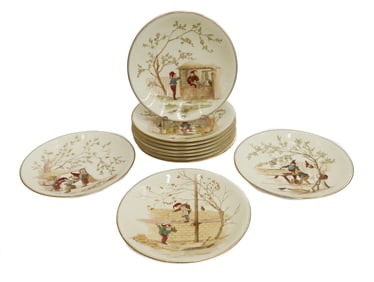 11 Royal Worcester Hand Painted Porcelain Elves or Gnome Cabinet Plates 1886