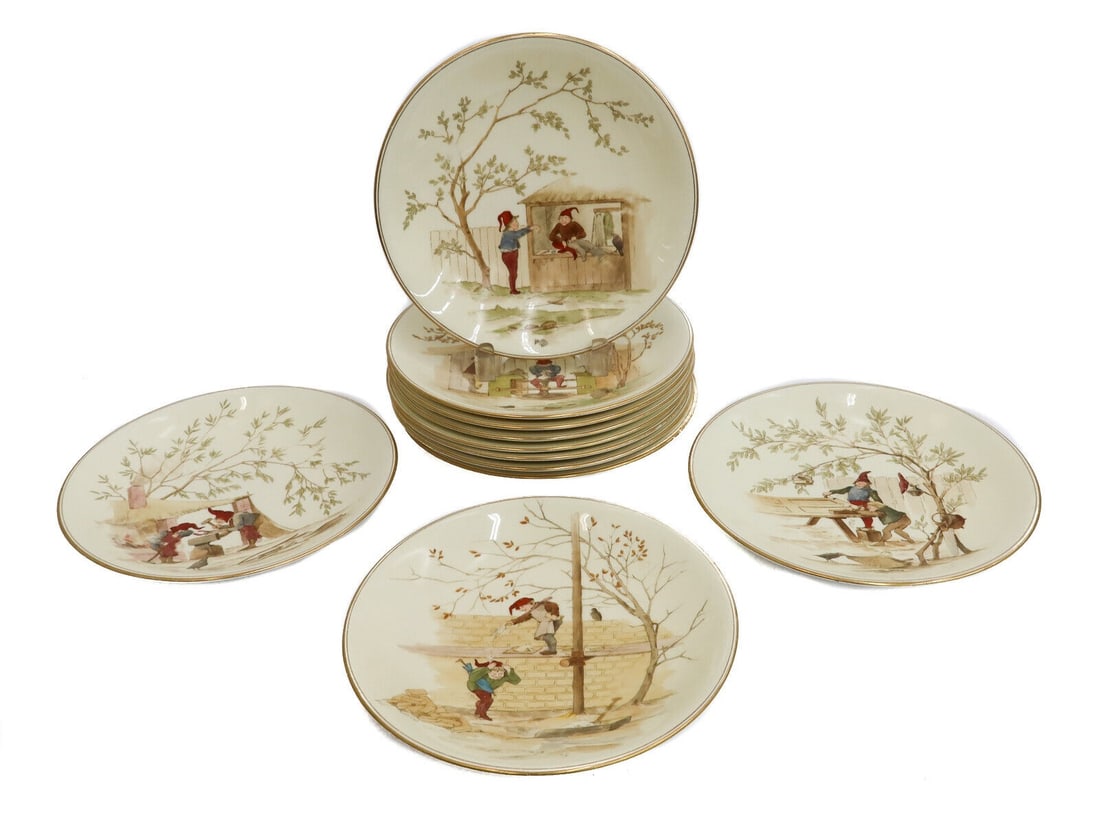11 Royal Worcester Hand Painted Porcelain Elves or Gnome Cabinet Plates 1886: 11 Royal Worcester hand painted porcelain cabinet plates 1886. Depicting various charming hand painted scenes of elves or gnomes in different everyday work or home tasks. Royal Worcester mark to under
