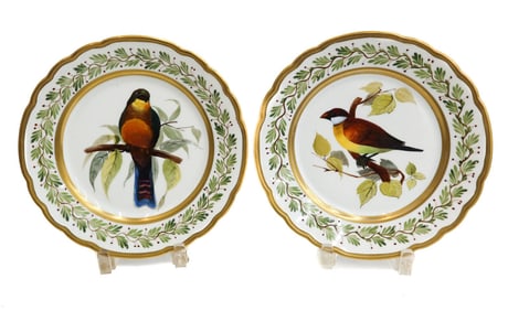 Pair German Cross Sword Mark Hand Painted Bird Cabinet Plates circa 1880