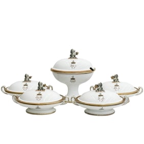 5pc English Hand Painted Armorial Porcelain Serving Tureens c 1900