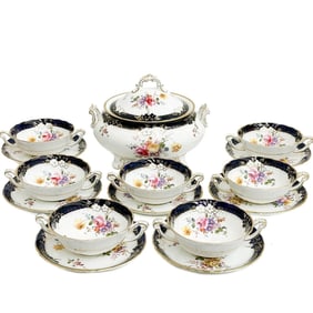 Royal Crown Derby Porcelain Tureen with 7 Bouillon Bowls & Underplates c 1940