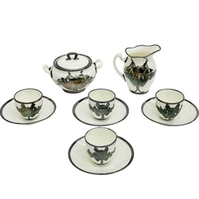 6pc Mauser English Silver Mounted Porcelain Cream Sugar Demitasse Cup & Saucers