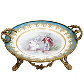 Sevres France Hand Painted Porcelain Gilt Bronze Mounted Compote Courting c1920