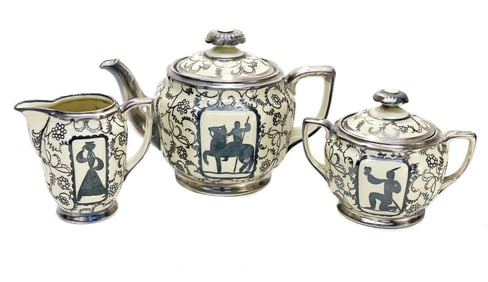 H & Co. Selb Bavaria Germany Heinrich Porcelain Silver Overlay Teaset