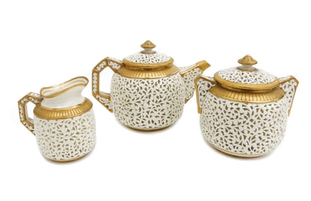 Royal China Works Granger Double Wall Reticulated Porcelain Tea Set c1880