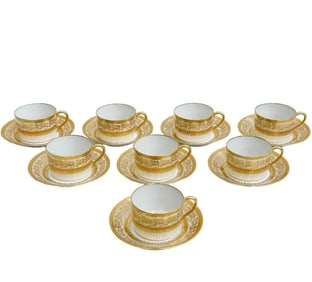8 CH Field Haviland Limoges Porcelain Cup & Saucers Incrustation Polie a l'agate