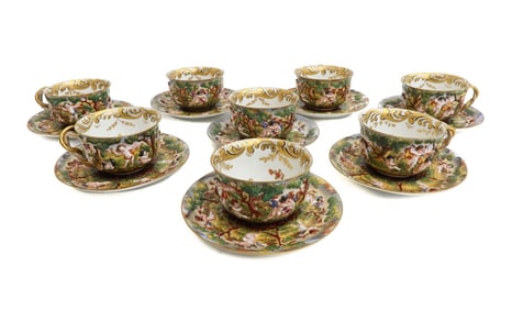 8 Capodimonte Porcelain Raised Figural Large Cup and Saucers circa 1940