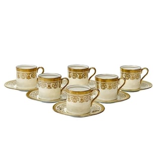 6 Aynsley England Porcelain Demitasse Cup & Saucers in Kenilworth Ivory c.1940