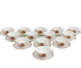 13 Herend Hungary Hand Painted Porcelain Cup & Saucers Chinese Bouquet Rust Red