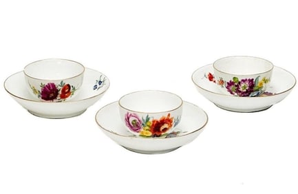 3 Meissen German Hand Painted Porcelain Cup & Saucers Florals c. 1770