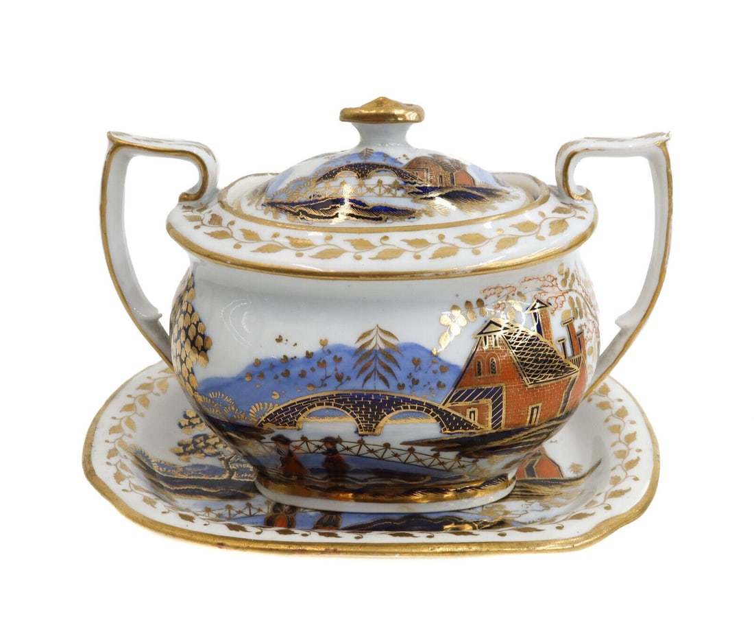 Newhall Hand Painted Porcelain Chinoiserie Covered Bowl and Underplate c. 1815 (1 of 9)