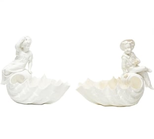 Pair Royal Crown Derby Figural Children Shell Form Porcelain Dishes circa 1880s