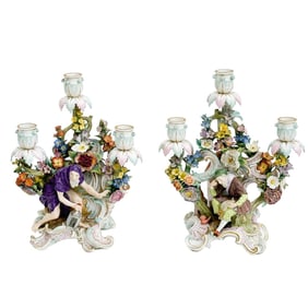 Pair Meissen Germany Hand Painted Porcelain Figural Candelabras circa 1880