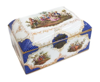German Hand Painted Porcelain Dresser Box, Blue Scale Courting Scenes, Late 19 C