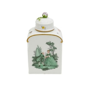 KPM Berlin Hand Painted Porcelain Tea Caddy Courting Scene Green 19th century