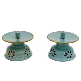 Pair Chinese Blue Celodon Porcelain Candlestick Holders Florals