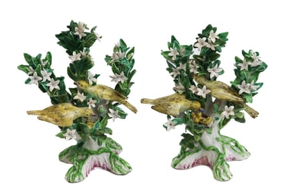 Pair English Hand Painted Figural Table Bird Sculpture, 18th Century