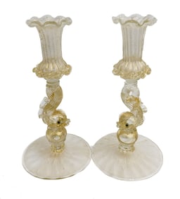 Pair Salviati Venetian Gold Fleck Dolphin  Stem Ruffled Art Glass Candlesticks circa 1960