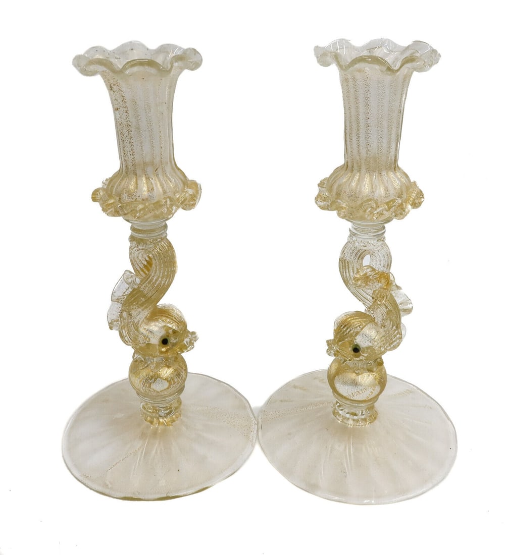 Pair Salviati Venetian Gold Fleck Dolphin  Stem Ruffled Art Glass Candlesticks circa 1960 (1 of 7)