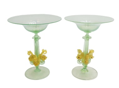 Pair Salviati Venetian Green and Gold Fleck Dolphin Stem Art Glass Compotes circa 1940