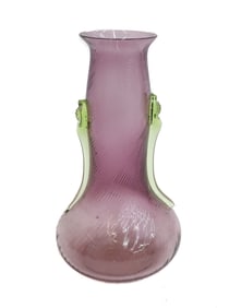 Venetian Amethyst Purple and Green Twin Handled Art Glass Vase Mid Century