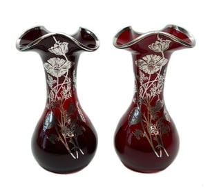 Pair Midcentury Floral Silver Overlay Tri-Lobbed Vases