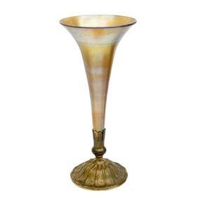 LCT Tiffany Furnaces Gilt Bronze Mounted Favrile Gold Glass Trumpet Vase c 1900