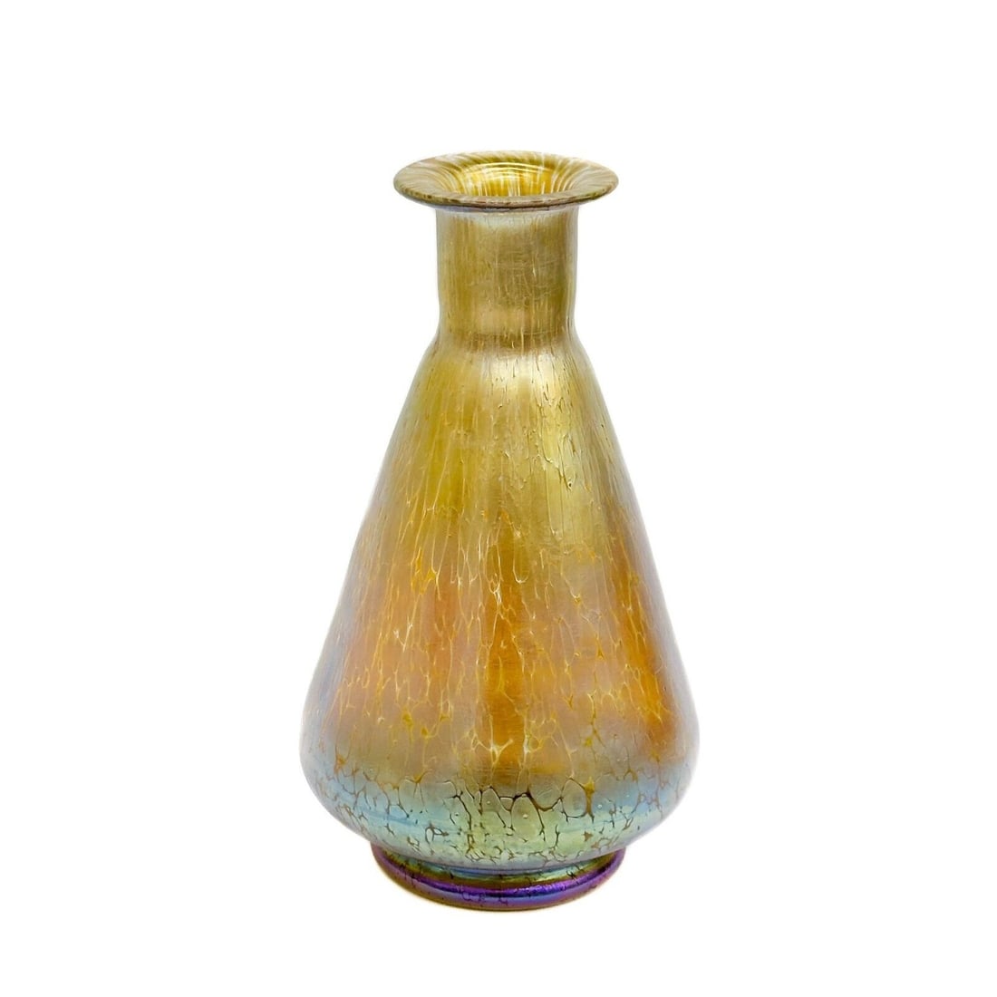 Loetz Iridescent Gold Art Glass Papillon Vase Iridescent 1st half 20th cen: Attributed to Loetz Iridescent Gold Art Glass Papillon Vase, 1st half 20th century. Gold glass papillon decoration, an iridescent finish. A polished pontil to the underside, apparently unmarked. Weigh