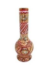 Bohemian Cut Glass and Enamel Cranberry Red and Clear Vase circa 1920