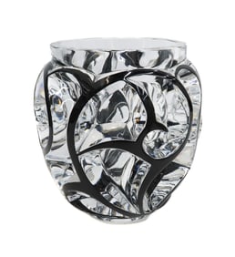 Lalique France Crystal Glass and Black Enamel Tourbillons Vase, Signed, Ltd Ed