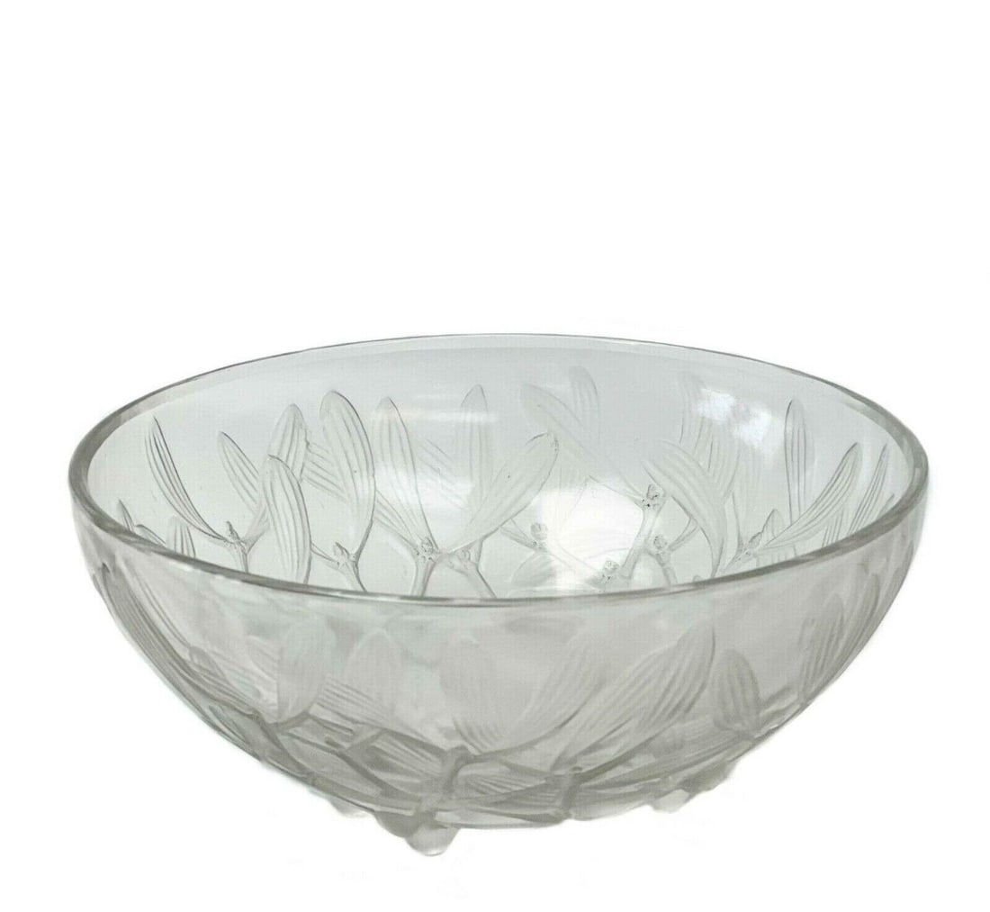 Rene Lalique France Clear Cut Glass Gui Centerpiece Bowl Mistletoe Leaves: Rene Lalique France Clear Cut Glass Gui Centerpiece Bowl, Mistletoe Leaves. Rene Lalique France cut glass Gui centerpiece bowl. Exterior with cut glass mistletoe leaves throughout, berries serving as 