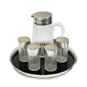 American Hand Hammered Sterling Silver Overlay Glass Pitcher Set & Gorham Tray
