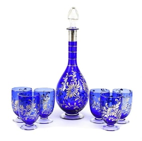 7pc. Blue Art Glasses & Decanter with Silver Overlay on Clear Glass Bases,c1940