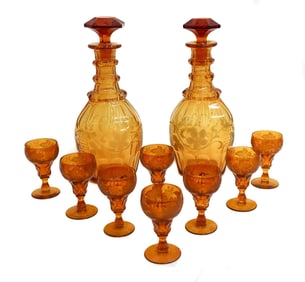 Bohemian Amber Cut Glass Decanter and Wine Cups for 8 circa 1930 Etched Leaves