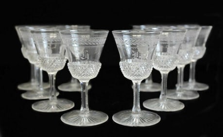 10 Continental Cut Glass Cordial Wine Glasses