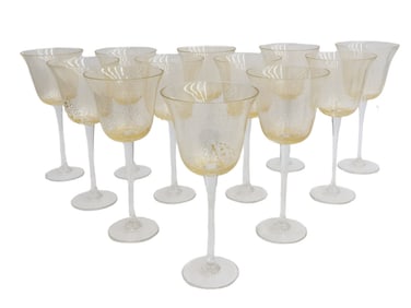 12 Vintage Otto Franek American Gold Fleck Leaf Glass Wine Goblets Signed