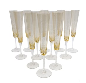 12 Vintage Otto Franek American Gold Fleck Leaf Glass Champagne Flutes Signed