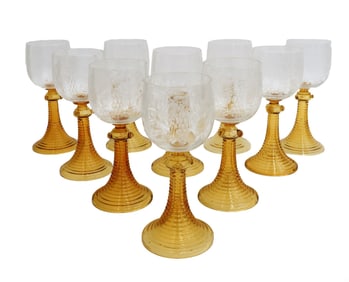 10 Bohemian Amber and Clear Cut Glass Wine Goblets Etched Grapes Prunts c1940